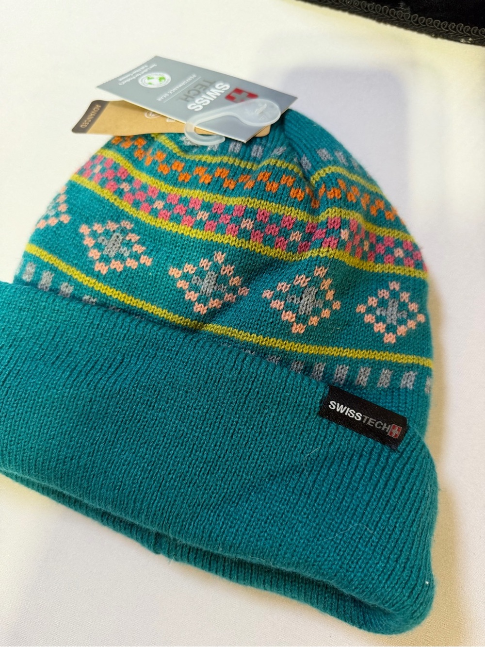 Swiss Tech Teal Knit Beanie with Pink, Yellow & Orange Pattern
